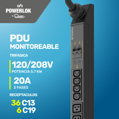 PDU Monitoreable para Rack - 20A 120/ 208 Voltios - 3 FASES (5,7kW) | 36 Salidas C13 6 salidas C19 Tipo L6-30P