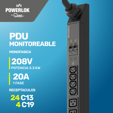 PDU Monitoreable  para Rack - 20A | 208 Voltios - 1 FASE (3,3kW) | 24 Salidas C13 4 Salidas C19 Extensión de 3 metros tipo L6-30P