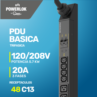 PDU Básica para Rack - 20A 120/ 208 Voltios - 3 FASES (5,7kW) | 48 Salidas C 13 Tipo L6-30P