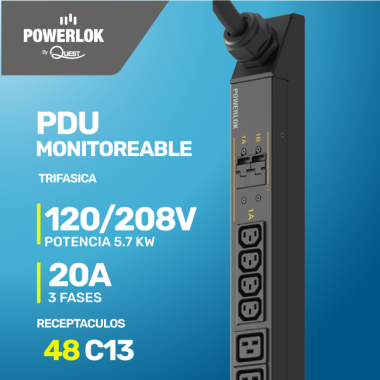 PDU Monitoreable para Rack - 20A 120/ 208 Voltios - 3 FASES (5,7kW) | 48 Salidas C13 Tipo L6-30P