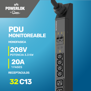 PDU Monitoreable para Rack - 20A | 208 Voltios - 1 FASES (3,3kW) | 32 Salidas C13 Extensión de 3 metros tipo L6-30P